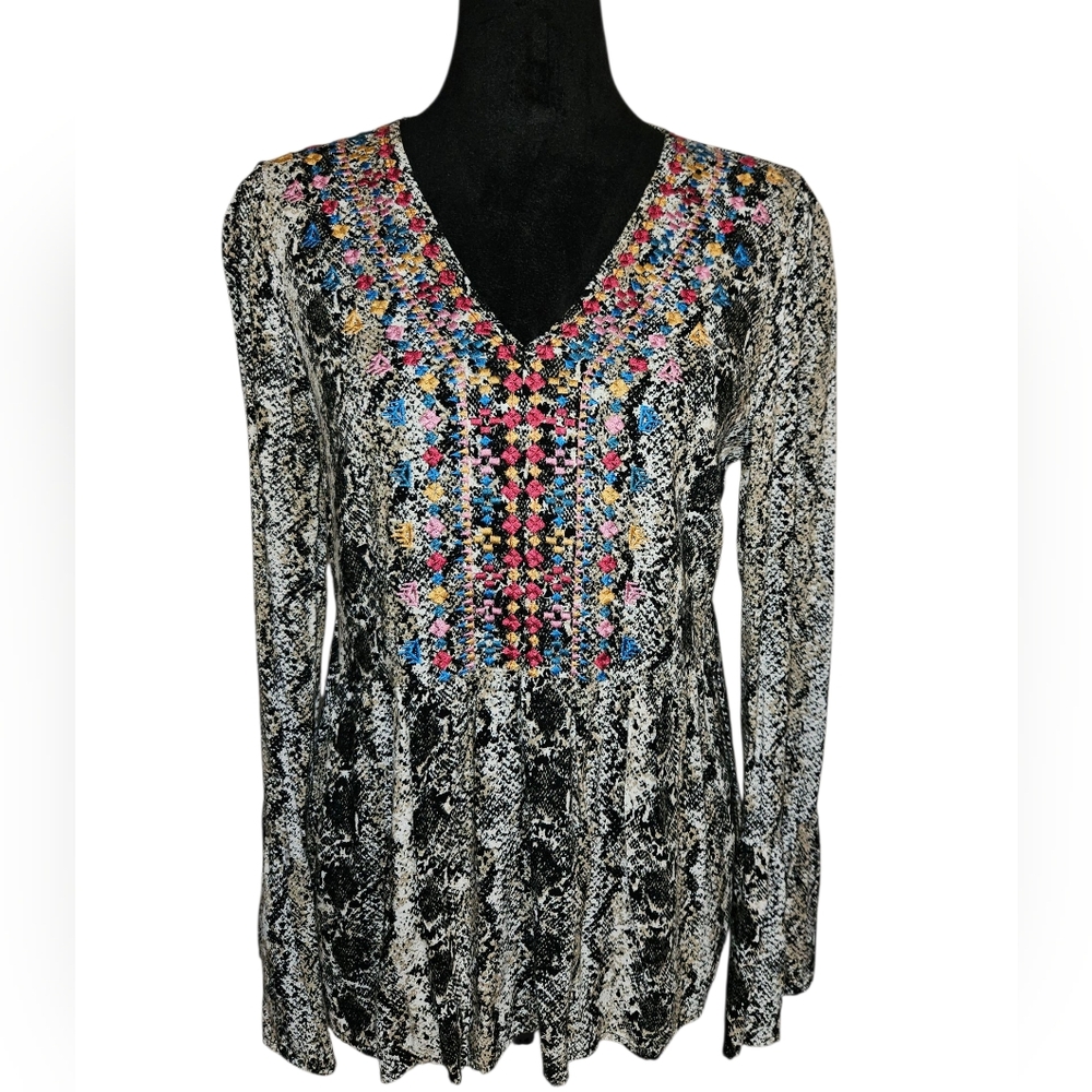 Savanna Jane Women's Snakeskin Print Embroidered Boho Peplum Blouse Size S